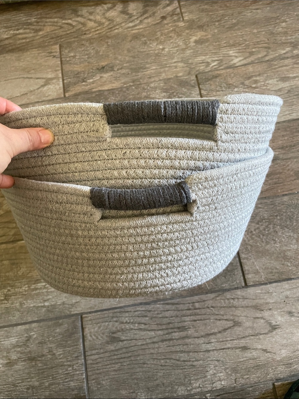 Neutral Gray Rope Storage Basket with Dark Gray Handles